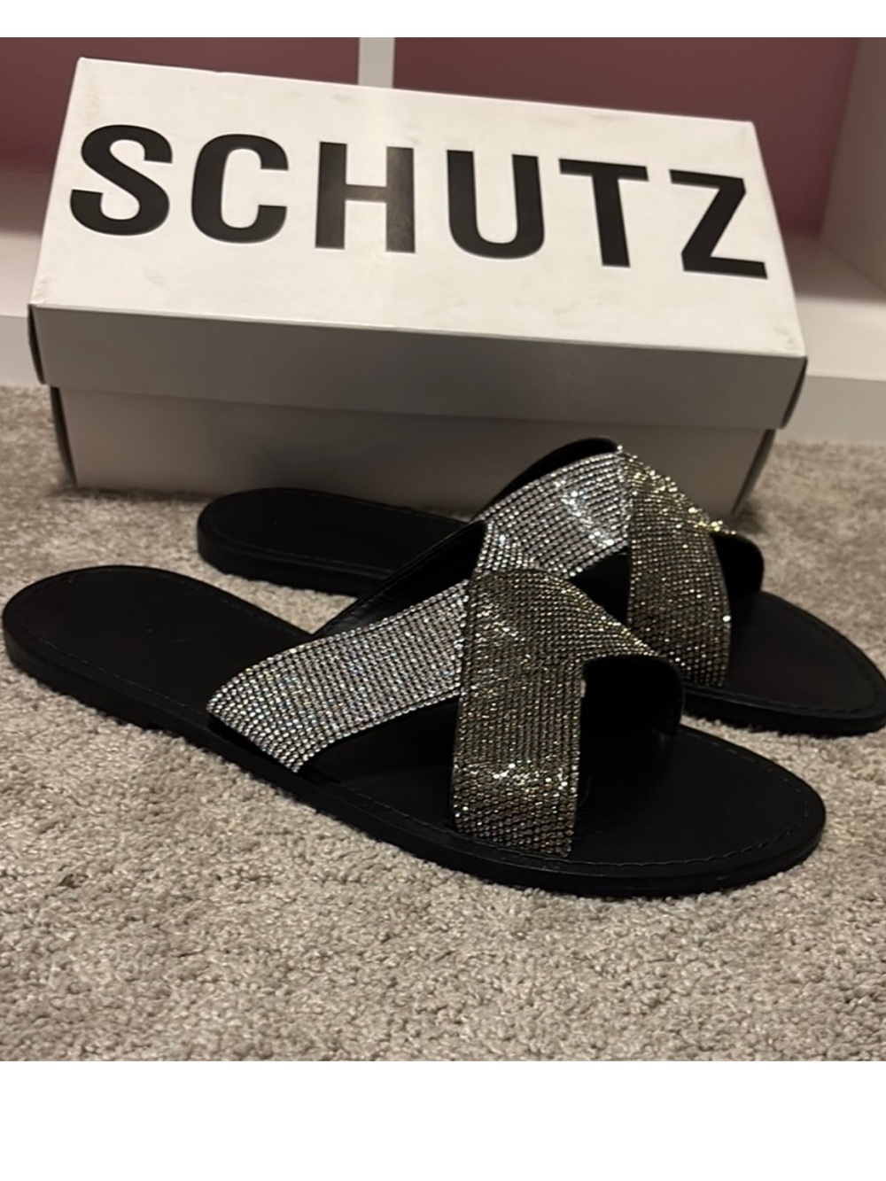 SCHUTZ Black Slide Sandals with Silver & Gold Crystal Cross Straps